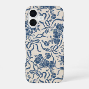 Modern Vintage Ivory Navy Blue Floral Pattern iPhone 16 Case