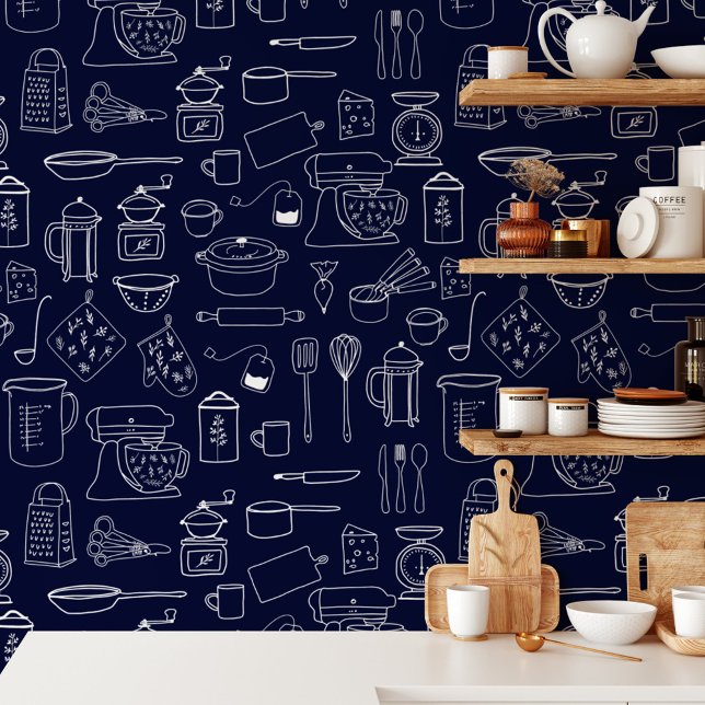 Modern Vintage Kitchen Utensil Pattern Wallpaper (In situ)