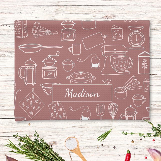 Modern Vintage Kitchen Utensils Cute Doodle Kitchen Towel (In situ)