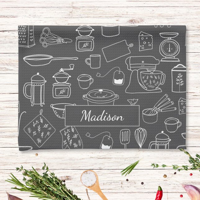 Modern Vintage Kitchen Utensils Cute Doodle Towel (In situ)