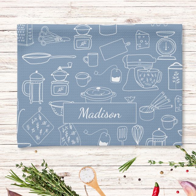 Modern Vintage Kitchen Utensils Cute Doodle Towel (In situ)