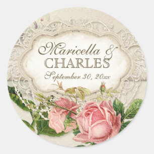 Modern Vintage Lace Tea Stained Hydrangea n Roses Classic Round Sticker