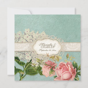 Modern Vintage Lace Tea Stained Hydrangea n Roses Invitation