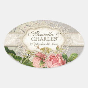 Modern Vintage Lace Tea Stained Hydrangea n Roses Oval Sticker