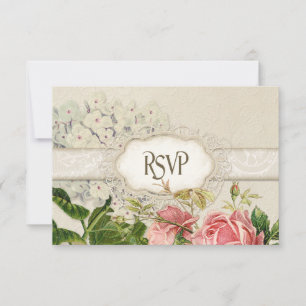 Modern Vintage Lace Tea Stained Hydrangea n Roses RSVP Card