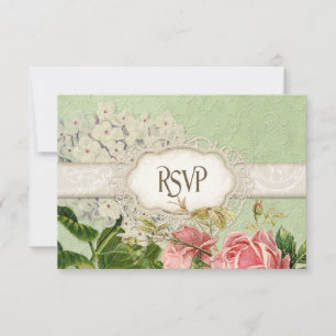 Modern Vintage Lace Tea Stained Hydrangea n Roses RSVP Card