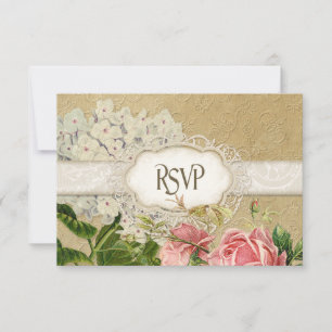 Modern Vintage Lace Tea Stained Hydrangea n Roses RSVP Card
