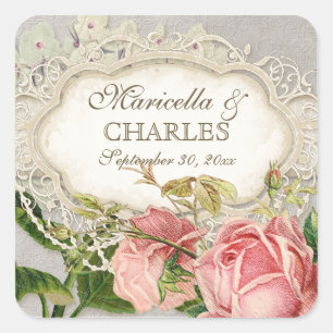 Modern Vintage Lace Tea Stained Hydrangea n Roses Square Sticker