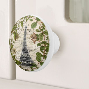 Modern Vintage Leaves Wreath Paris Eiffel Tower  Ceramic Knob