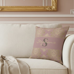 Modern Vintage Mauve And Gold Damask Monogram Throw Pillow