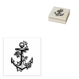 Modern Vintage Nautical Anchor with Florals Rubber Stamp