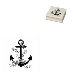 Modern Vintage Nautical Anchor with Florals Rubber Stamp