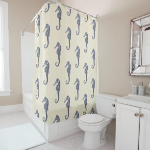 Modern Vintage Navy Blue Seahorse on Beige Cream