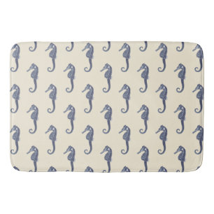 Modern Vintage Navy Blue Seahorse on Cream Bath Mat