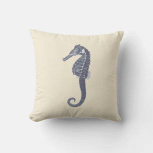Modern Vintage Navy Blue Seahorse on Cream Beige Throw Pillow