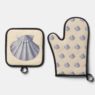 Modern Vintage Navy Blue Shell on Cream Beige Oven Mitt & Pot Holder Set