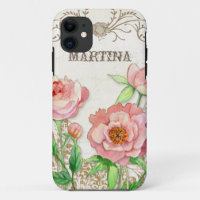 Modern Vintage Peony Floral Swirls Personalized