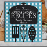 Modern Vintage Personalized Recipes Binder<br><div class="desc">A whimsical blend of retro/vintage with a modern,  personalized touch. Muted denim-blue gingham background,  soup pot and kitchen utensils decorate the front.</div>