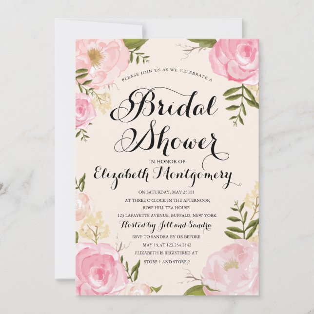 Modern Vintage Pink Floral Bridal Shower Invitation (Front)