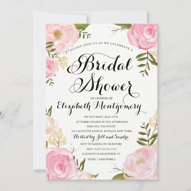 Modern Vintage Pink Floral Bridal Shower Invitation (Front)