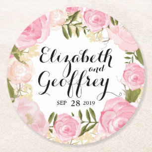 Modern Vintage Pink Floral Personalized Wedding Round Paper Coaster