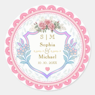 Modern Vintage Pink Floral Rose Wedding Favour Classic Round Sticker
