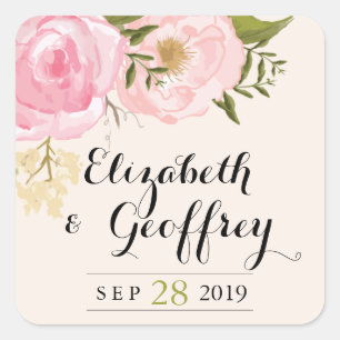 Modern Vintage Pink Floral Wedding Custom Favour Square Sticker