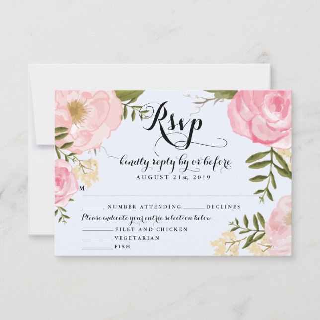 Modern Vintage Pink Floral Wedding RSVP Card (Front)