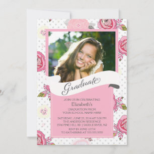 Modern Vintage Pink Flowers Graduation Invitation