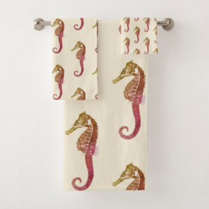 Modern Vintage Pink Red Seahorse on Beige Cream Bath Towel Set