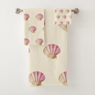 Modern Vintage Pink Red Shells on Beige Cream Bath Towel Set