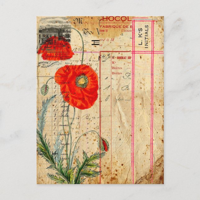 Modern Vintage Poppy Flowers collage art Postcard (Front)