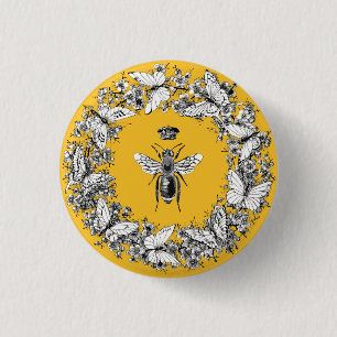 Modern Vintage Queen Bee Crown Butterfly Wreath 1 Inch Round Button