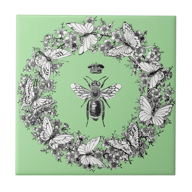 Modern Vintage Queen Bee Crown Butterfly Wreath Tile (Front)