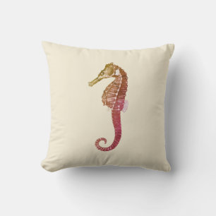 Modern Vintage Red Seahorse on Cream Beige Throw Pillow