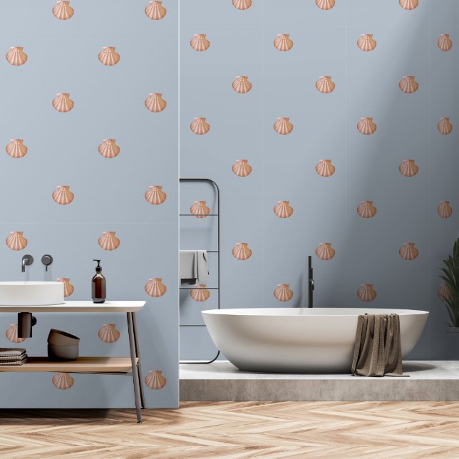 Modern Vintage Red Shell on Soft Blue Wallpaper (Bathroom)
