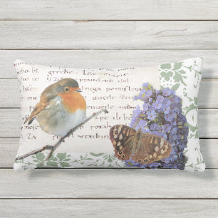Modern vintage Robin bird flowers butterfly damask Outdoor Pillow