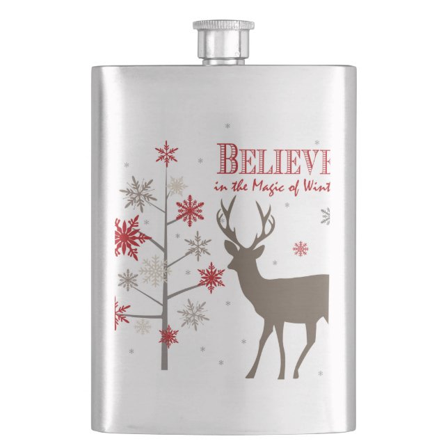 modern vintage rustic deer and snowflakes hip flask (Front)
