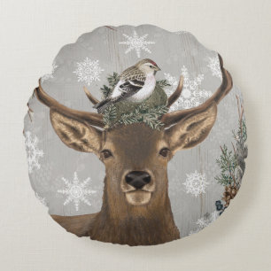 modern vintage rustic winter deer round pillow