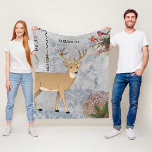 Modern Vintage Rustic Winter Deer Snowflakes Fleece Blanket