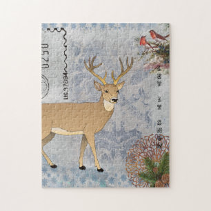 Modern Vintage Rustic Winter Deer Snowflakes Jigsaw Puzzle