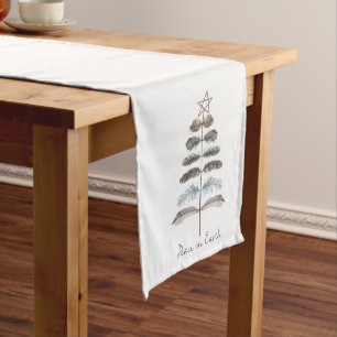 modern vintage rustic winter feather tree short table runner