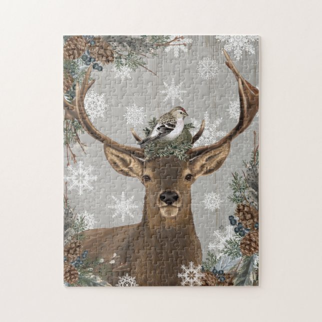 modern vintage rustic woodland winter deer jigsaw puzzle (Vertical)
