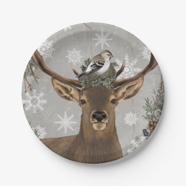 modern vintage rustic woodland winter deer paper plate (Front)