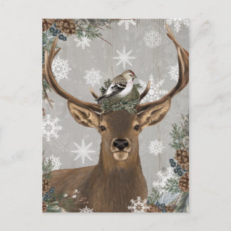 modern vintage rustic woodland winter deer postcard