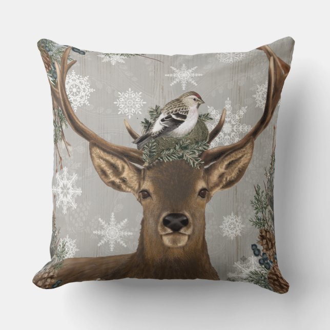 modern vintage rustic woodland winter deer throw pillow (Front)