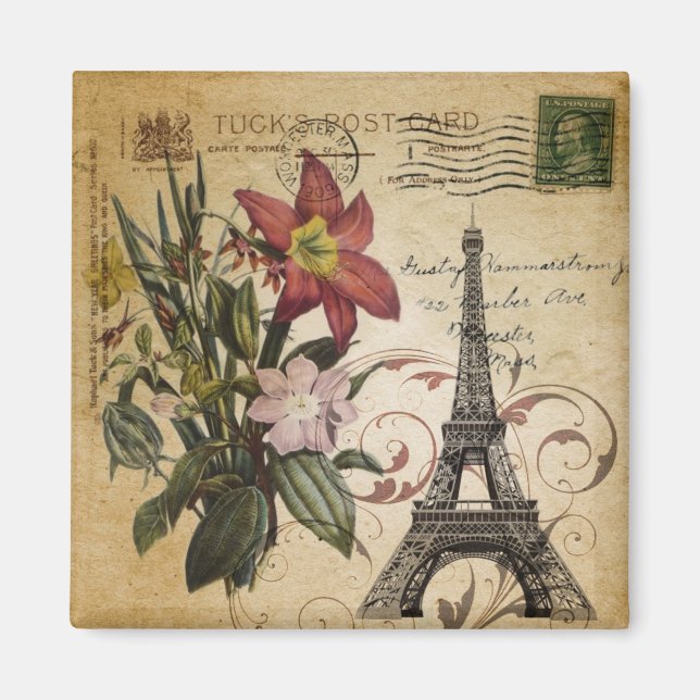 modern vintage scripts lily Paris Eiffel Tower Magnet (Front)