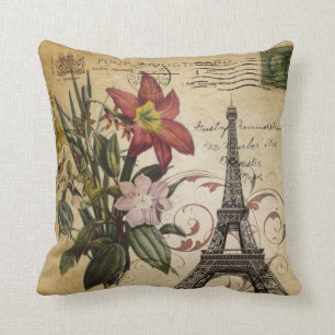 modern vintage scripts lily Paris Eiffel Tower Throw Pillow
