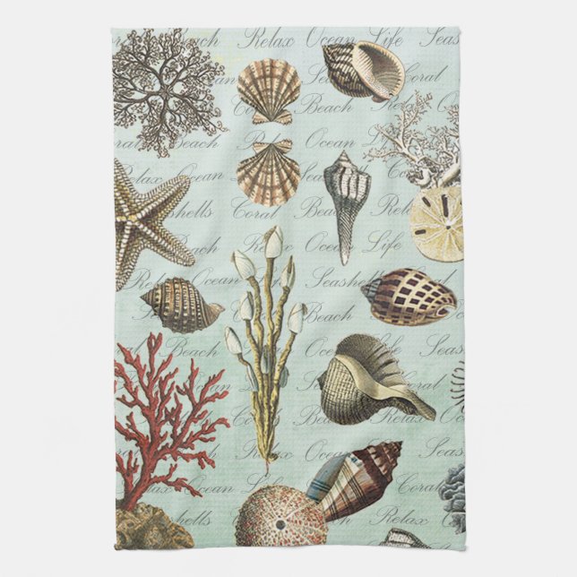Modern Vintage Seashells Kitchen Towel (Vertical)