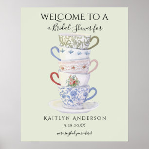 Modern Vintage Tea Cups Watercolor Bridal Shower Poster